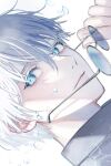  1boy blue_eyes eyewear_removed gojou_satoru ha_mmmu hand_up holding holding_removed_eyewear jujutsu_kaisen looking_at_viewer male_focus parted_lips portrait round_eyewear short_hair simple_background solo water_drop white_background white_hair 