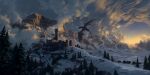 absurdres artist_name castle commentary dragon dragon_wings english_commentary evening fantasy highres landscape mountainous_horizon no_humans original philipp_urlich scales scenery snow tail tree western_dragon wings 