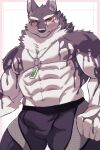  abs anthro biceps blush bulge canid canine canis clothing domestic_dog green_eyes hi_res husky jewelry lifewonders live_a_hero male mammal monomasa muscular muscular_anthro muscular_male necklace nipples nokia1124_a nordic_sled_dog pecs red_sclera shirtless solo spitz underwear 
