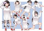  1girl ankle_socks arm_up arms_up black_hair blue_background breasts brown_eyes cellphone closed_eyes closed_mouth controller game_controller highres holding holding_phone hood hood_down hoodie long_hair long_sleeves makano_mucchi medium_breasts multiple_views no_shoes on_one_knee original phone puffy_long_sleeves puffy_sleeves red_socks socks translation_request two-tone_background very_long_hair wavy_mouth white_background white_hoodie 