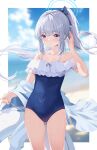  1girl absurdres beach blue_archive blue_bow blue_halo blue_one-piece_swimsuit blue_sky blurry blurry_background blush border bow cloud cloudy_sky collarbone commentary_request covered_navel feet_out_of_frame frilled_one-piece_swimsuit frills hair_bow halo hand_up highres holding holding_innertube innertube looking_at_viewer miyako_(blue_archive) miyako_(swimsuit)_(blue_archive) ocean off-shoulder_one-piece_swimsuit off_shoulder official_alternate_costume one-piece_swimsuit ponytail purple_eyes shinshia_(sinsia_0928) sidelocks sky solo standing swimsuit two-tone_one-piece_swimsuit wet white_border white_hair white_innertube 
