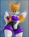  2_tails 3d_(artwork) anthro armwear bulge canid canine clothed clothing crossdressing crotch_grab curvy_figure digital_media_(artwork) elbow_gloves fox glistening glistening_clothing gloves grope handwear hi_res latex legwear looking_at_viewer male mammal miles_prower multi_tail purple_clothing rouge_the_bat rubber sega solo sonic_the_hedgehog_(series) tail tailsltx thick_thighs thigh_highs tight_clothing 