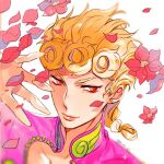  1boy blonde_hair braid flower giorno_giovanna hatoyama_itsuru jojo_no_kimyou_na_bouken male_focus petals red_eyes smile solo vento_aureo wing_ornament 