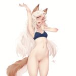  1girl ahoge animal_ear_fluff animal_ears arm_up armpits artist_name bare_arms bare_shoulders blue_bra blue_eyes bottomless bra breasts cleft_of_venus commentary cowboy_shot fox_ears fox_girl fox_tail hand_to_own_mouth long_hair looking_at_viewer losse_(personal_ami) messy_hair navel one_eye_closed original personal_ami pussy simple_background small_breasts solo stomach stretching symbol-only_commentary tail thick_eyebrows uncensored underwear underwear_only very_long_hair white_background white_hair yawning 