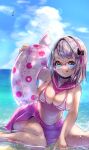  1girl absurdres bikini bikini_skirt black_choker breasts choker closed_mouth front-tie_bikini_top front-tie_top fujisaki_subaru glasses goddess_of_victory:_nikke green_eyes grey_hair highleg highleg_bikini highres holding holding_swim_ring innertube looking_at_viewer navel neon_(blue_ocean)_(nikke) neon_(nikke) official_alternate_costume pink_innertube pink_ribbon pink_skirt pleated_skirt ribbon side-tie_bikini_bottom sitting skirt smile swim_ring swimsuit thighs tongue tongue_out underboob wet 