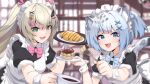  2girls :d absurdres animal_ears apron blonde_hair blue_bow blue_eyes blue_hair bow cake coffee_cup cup disposable_cup fang feeding food fork fuura_yuri green_eyes hair_ornament highres holding holding_fork holding_tray maid_headdress multicolored_hair multiple_girls omelet omurice open_mouth phase_connect pink_bow pink_hair plate pov rinkou_ashelia smile star_(symbol) star_hair_ornament streaked_hair tiger_ears tiger_girl tray valefal_coneri wrist_cuffs x_hair_ornament 