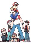  absurdres baseball_cap black_hair black_wristband brown_hair carrying denim hand_in_pocket hat highres holding_hands jacket jeans multiple_persona pants pokefia pokemon pokemon_(game) pokemon_frlg pokemon_hgss pokemon_lgpe pokemon_masters_ex pokemon_rgby pokemon_sm red_(pokemon) red_headwear shoes shoulder_carry sitting sneakers sweatdrop tongue tongue_out wristband 