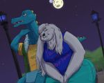  2018 2_moons 4_fingers alligator alligatorid anthro arm_tuft artist_logo azurlligator bear big_breasts big_butt black_nose blue_body blue_bottomwear blue_clothing blue_eyes blue_fire blue_pants blue_scales blue_shirt blue_tank_top blue_topwear blush bottomwear breasts butt chubby_female clawed_fingers claws clothing colored_fire crocodilian duo eternal_forwardness eyes_closed fangs female fingers fire fur fur_trim_(clothing) green_clothing green_topwear green_vest hair hands_between_legs hi_res leaning_on_another logo long_hair looking_up male male/female mammal moon nathile_tiduna neck_tuft night open_mouth orange_clothing orange_shirt orange_topwear pants plant polar_bear pupils reptile scales scalie scratching scratching_neck scutes shirt shrub sitting sitting_on_bench sky skywater slightly_chubby slit_pupils smile star starry_sky street_lamp sundra_bearrison tail tank_top teeth text text_on_clothing thick_thighs topwear tuft ursine vest white_body white_fur white_hair wide_hips yellow_scutes 