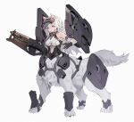  1girl absurdres animal_ears armor black_gloves body_fur breasts claws forehead_protector full_body gloves grey_hair gun harness highres holding holding_gun holding_weapon large_breasts long_hair navel original rifle solo standing tail taur underboob weapon white_background white_hair zhu_fun 