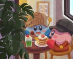  black_headwear blue_eyes blush_stickers brown_bag brown_headwear cabbie_hat cup food food_focus hat indoors kirby kirby_(series) melon_soda miclot mont_blanc_(food) no_humans open_mouth painting_(medium) pancake pancake_stack plant plate shoes traditional_media window 