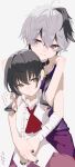  2girls absurdres armpits arms_around_neck arms_around_waist arms_up bandaged_arm bandages behind_another belt_collar black_hair black_nails center_frills closed_mouth collar commentary_request flower_(vocaloid) flower_(vocaloid4) frilled_shirt frills hair_bobbles hair_ornament height_difference highres hug hug_from_behind kaai_yuki looking_at_another looking_at_viewer loose_ascot low_twintails medium_hair multicolored_hair multiple_girls pants pink_skirt popped_collar purple_eyes purple_pants purple_shirt rsk_(tbhono) shirt short_hair sideways_glance skirt sleeveless sleeveless_shirt torn_clothes torn_shirt translation_request twintails two-tone_hair upper_body vocaloid white_background white_hair white_shirt yellow_eyes 