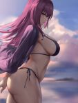  1girl artist_name bikini black_bikini blurry blurry_background breasts chihunhentai cloud dusk fate/grand_order fate_(series) from_side hair_between_eyes highres jacket large_breasts long_hair looking_at_viewer looking_to_the_side navel open_clothes open_jacket purple_hair purple_jacket red_eyes scathach_(fate) side-tie_bikini_bottom sideboob sidelighting sky solo swimsuit 