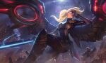  1boy 1girl absurdres aircraft armor black_gloves blitzcrank blonde_hair bodysuit boots breasts building detached_wings fire floating_hair gloves glowing graves_(league_of_legends) gun helicopter highres holding holding_gun holding_sword holding_weapon kayle_(league_of_legends) league_of_legends lips long_hair looking_to_the_side mechanical_wings medium_breasts night nose official_art open_mouth parted_lips robot skin_tight smile sunglasses sword thigh_boots weapon wings 