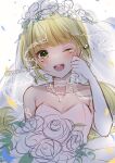  1girl :d bare_shoulders blonde_hair blush bouquet breasts bridal_veil crying crying_with_eyes_open dress elbow_gloves flower gloves green_eyes holding holding_bouquet jewelry koyama_sao long_hair looking_at_viewer necklace one_eye_closed open_mouth saga saga_frontier_2 smile solo strapless strapless_dress tears veil very_long_hair virginia_knights wedding_dress white_dress white_gloves 