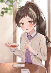  1girl absurdres blurry blurry_background blush brown_hair cup highres holding holding_cup idolmaster idolmaster_million_live! idolmaster_million_live!_theater_days kitazawa_shiho long_hair looking_at_viewer mochiko_(uyu_omochi) open_mouth parted_bangs ponytail sitting smile solo table tea teacup yellow_eyes 