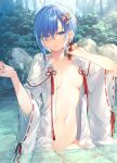  1girl blue_eyes blue_hair breasts earrings flower hair_between_eyes hair_ornament japanese_clothes jewelry looking_at_viewer medium_breasts navel open_mouth outdoors sakuya_sieglinde seiken_gakuin_no_maken_tsukai short_hair short_hair_with_long_locks solo sunlight toosaka_asagi water wet wet_clothes 