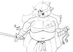  2023 4_fingers anaugi anthro arm_wraps big_breasts bottomwear breasts canid canine canis chest_wraps cleavage clothed clothing domestic_dog english_text female fingers hachimitsu hair hair_over_eye holding_object holding_weapon huge_breasts long_hair looking_at_viewer mammal midriff monochrome one_eye_obstructed overweight overweight_female scar signature simple_background sketch skirt solo text weapon white_background wraps 