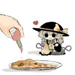  1girl black_headwear chibi coat dress food frilled_coat frills green_dress green_hair hat hat_ribbon heart heripantomorrow hot_sauce jacket komeiji_koishi olive pizza plate ribbon tabasco tears touhou wavy_hair white_background worried yellow_jacket yellow_ribbon 