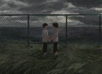  2boys black_hair black_pants floating_hair grass grey_sky highres holding_hands looking_at_another male_focus minahamu multiple_boys original outdoors pants profile scenery shirt short_hair short_sleeves sky storm_cloud water white_shirt wind wire_fence 
