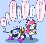  armor blue_background blue_cape blue_eyes cape disembodied_limb full_body gloves kirby:_planet_robobot kirby_(series) mask meta_knight orusuta961 pauldrons pink_hair shoulder_armor simple_background susie_(kirby) sweat translation_request white_gloves yellow_gloves 