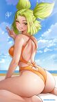  1girl absurdres ass barefoot beach cloud cloudy_sky commission day feet_out_of_frame green_hair highres kneeling league_of_legends looking_at_viewer looking_back one-piece_swimsuit one_eye_closed outdoors signature sitting sky smile spiz swimsuit teeth wet yellow_eyes zeri_(league_of_legends) 