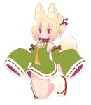  1girl animal_ears ass_visible_through_thighs bare_shoulders bell blonde_hair closed_mouth collar commentary_request dress folded_ponytail fox_ears fox_girl fox_tail full_body green_dress green_sleeves hair_between_eyes hair_ornament highres jingle_bell kemomimi-chan_(naga_u) long_sleeves looking_at_viewer naga_u neck_bell necktie orange_necktie original purple_collar purple_eyes red_footwear revision ribbon-trimmed_sleeves ribbon_trim sailor_collar sidelocks simple_background sleeveless sleeveless_dress sleeves_past_fingers sleeves_past_wrists socks solo tabi tail white_background white_sailor_collar white_socks zouri 
