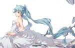  1girl aqua_eyes aqua_hair breasts dress hatsune_miku long_hair solo vocaloid white_background white_dress yukleeeee 