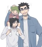  &gt;_&lt; 1girl 2boys :d ^_^ black_hair blue_shirt carrying closed_eyes collared_shirt dress facial_hair father_and_daughter full_body glasses green_hair hand_on_another&#039;s_head hand_up hands_on_another&#039;s_head hands_up highres jumbo koiwai_yotsuba long_sleeves marutei2 mr._koiwai multiple_boys open_clothes open_mouth open_shirt quad_tails red_dress shirt shoulder_carry simple_background smile socks stubble translation_request upper_body white_background white_shirt white_socks xd yotsubato! 