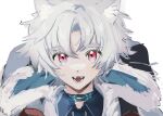  1boy :d animal_ear_fluff animal_ears arknights black_jacket black_shirt fangs fur-trimmed_jacket fur_trim grey_hair hair_between_eyes highres inu_to_milk jacket looking_at_viewer male_focus open_clothes open_jacket parted_bangs portrait qanipalaat_(arknights) red_eyes shirt short_eyebrows simple_background smile solo thick_eyebrows white_background 