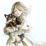  1girl absurdres anditiucs animal closed_eyes dog dress female_child final_fantasy final_fantasy_xvi grey_hair grey_wolf highres holding holding_animal holding_dog jewelry jill_warrick pendant puffy_sleeves puppy short_hair simple_background smile square_enix standing tongue tongue_out torgal_(ff16) upper_body white_dress wolf 