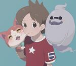  1boy absurdres amano_keita blue_background brown_eyes brown_hair cat closed_mouth highres jibanyan kojirou_(kojirou_sousaku) light_smile looking_at_viewer male_focus simple_background upper_body whisper_(youkai_watch) youkai_watch 