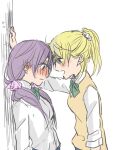  2girls averting_eyes ayase_eli blonde_hair blush bow bowtie breasts brown_sweater_vest closed_mouth collared_shirt commentary dress_shirt embarrassed green_bow green_bowtie hair_ornament hair_scrunchie kabedon kashikaze long_hair love_live! love_live!_school_idol_project low_twintails medium_breasts multiple_girls one-hour_drawing_challenge open_mouth otonokizaka_school_uniform ponytail purple_hair school_uniform scrunchie shirt simple_background sweatdrop sweater_vest toujou_nozomi twintails upper_body white_background white_scrunchie white_shirt yuri 