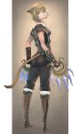  1girl 2021 absurdres animal_ears artist_name ass avatar_(ff11) black_gloves black_pants boots breasts brown_footwear brown_tail cactus41747280 cat_ears cat_girl cat_tail dated final_fantasy final_fantasy_xi full_body fur-trimmed_boots fur-trimmed_footwear fur_collar fur_trim gloves hairband highres holding holding_weapon knee_boots legs_apart looking_back medium_breasts mithra_(ff11) monk_(final_fantasy) multicolored_hairband open_mouth pants short_hair solo standing tail tail_through_clothes weapon 