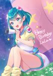  1girl :d blue_eyes blue_hair blue_sailor_collar blush bun_cover character_name dress dutch_angle hagoromo_lala happy_birthday highres holding_telescope medium_hair pointy_ears precure sailor_collar short_dress short_sleeves shuu_(mniarnoakou) sitting sky smile socks solo star_(sky) star_twinkle_precure starry_sky vest white_dress yellow_socks yellow_vest 