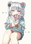  1girl black_bow blue_hair blue_shirt blush bow cha_ipride collarbone covering_mouth double_bun feet_out_of_frame flower from_above hair_bow hair_bun highres holding holding_flower hyodou_shizuku idoly_pride knees_together_feet_apart long_bangs long_sleeves looking_at_viewer own_hands_together pinstripe_pattern pinstripe_shirt purple_flower raised_eyebrows red_eyes red_skirt shirt short_twintails sidelocks simple_background skirt solo striped twintails two-tone_bow white_background white_bow 