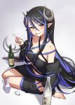  1girl :q bandeau belt black_bandeau black_belt black_hair black_jacket black_skirt blue_belt blue_hair blush bottle breasts brown_eyes cherry chest_belt cleavage closed_mouth cocktail_glass commentary_request cup curled_horns demon_girl demon_horns demon_tail drinking_glass dripping food fruit full_body grey_background grey_horns hair_between_eyes hebiyoi_tier heebee holding holding_cup horns jacket large_breasts long_bangs long_hair long_sleeves looking_at_viewer martini multicolored_hair nanashi_inc. navel off_shoulder open_clothes open_jacket pointy_ears sake_bottle sidelocks simple_background sitting skirt smile solo tail tokkuri tongue tongue_out two-tone_hair very_long_hair virtual_youtuber yokozuwari 