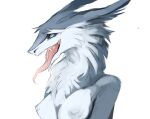  2015 akrolayn anthro blue_eyes breasts bust_portrait cheek_tuft countershading digital_media_(artwork) facial_tuft female fur geodis grey_ears long_tongue multicolored_body multicolored_fur neck_tuft nipples open_mouth open_smile pink_tongue portrait sergal sharp_teeth simple_background smile solo teeth three-quarter_view tongue tuft two_tone_body two_tone_fur unavailable_at_source white_background white_body white_breasts white_countershading white_fur white_nipples 