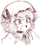  1girl commentary_request fang greyscale hat monochrome open_mouth portrait remilia_scarlet short_hair simple_background sketch solo spacezin touhou 