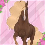  ambiguous_gender blonde_mane brown_body brown_eyes equid equine feral front_view glistening glistening_eyes hi_res horse huskii-s mammal mane pink_rose quadruped simple_background solo tail yellow_tail 