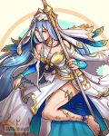  1girl azura_(fire_emblem) barefoot blue_hair bridal_gauntlets commentary dress fire_emblem fire_emblem_fates foot_out_of_frame gzei hair_between_eyes highres holding single-shoulder_dress solo thighs veil white_dress yellow_eyes 