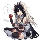  1girl :d animal_ears arknights bare_shoulders black_gloves black_hair black_thighhighs chicken_leg commentary_request cosplay crop_top detached_sleeves dog_ears food gloves goma_74umai highres holding holding_food kirin_r_yato_(arknights) kirin_r_yato_(arknights)_(cosplay) long_sleeves looking_at_viewer midriff monster_hunter_(series) navel open_mouth saga_(arknights) simple_background sitting smile solo stomach thighhighs white_background yato_(arknights) 