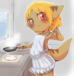  adult_(lore) anthro apron apron_only bamfear blonde_hair blush brown_body chopsticks clothing cooking cookware doneru female flat_chested food frilly frilly_apron frilly_clothing frying_pan hair hi_res holding_object inside kitchen_utensils looking_at_viewer mostly_nude simple_background solo tany_(doneru) tools young 