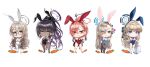  5girls 9s_tana absurdres ahoge akane_(blue_archive) akane_(bunny)_(blue_archive) animal_ears aqua_bow aqua_bowtie asuna_(blue_archive) asuna_(bunny)_(blue_archive) asymmetrical_bangs black-framed_eyewear black_footwear black_hair black_hairband black_leotard blonde_hair blue_archive blue_bow blue_eyes blue_footwear blue_hairband blue_leotard bow bowtie braid breasts brown_shawl carrot chibi cleaning_&amp;_clearing_(blue_archive) cup dark-skinned_female dark_skin detached_collar drinking_glass earpiece fake_animal_ears fake_tail fishnet_pantyhose fishnets french_braid full_body glasses gloves gradient_hair hair_bow hair_over_one_eye hairband half_updo halo high_heels highleg highleg_leotard highres holding holding_tray huge_ahoge jacket karin_(blue_archive) karin_(bunny)_(blue_archive) leotard light_brown_hair multicolored_hair multiple_girls neru_(blue_archive) neru_(bunny)_(blue_archive) number_tattoo official_alternate_costume one_eye_closed pantyhose plaid_shawl playboy_bunny poker_chip ponytail print_jacket purple_hair rabbit_ears rabbit_tail red_bow red_bowtie red_eyes red_footwear red_hairband red_leotard shawl shoulder_tattoo side-tie_leotard single_braid small_breasts smile standing strapless strapless_leotard sukajan tail tattoo thighband_pantyhose thighhighs toki_(blue_archive) toki_(bunny)_(blue_archive) traditional_bowtie tray white_footwear white_gloves white_hairband white_leotard white_pantyhose white_thighhighs white_wrist_cuffs yellow_eyes 