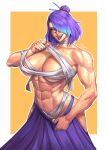  1509virgoart 1girl abs blue_eyes blue_hair border breasts candy character_request chest_sarashi copyright_request food glasses hair_ornament hair_over_one_eye hair_stick highres large_breasts lollipop medium_hair multicolored_hair muscular muscular_female open_mouth orange_background outline pleated_skirt purple_hair purple_skirt red-framed_eyewear sarashi signature skirt solo tongue tongue_out two-tone_hair undressing white_border white_outline 