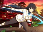  1girl architecture black_hair black_necktie black_shirt blue_eyes blunt_bangs blush breasts bridge bush buttons cloud double-breasted dusk east_asian_architecture evening falling_leaves gloves gradient_sky grass holding holding_sheath holding_sword holding_weapon ikaruga_(senran_kagura) large_breasts leaf long_hair looking_at_viewer miniskirt motion_lines necktie official_art ootachi open_mouth orange_sky outdoors pantyhose pink_sky plant pleated_skirt red_sky senran_kagura senran_kagura_new_link senran_kagura_shoujo-tachi_no_shin&#039;ei sheath shirt skirt sky slashing solo star_(sky) starry_sky sunset sword twilight unsheathed very_long_hair weapon white_shirt white_skirt yaegashi_nan yellow_sky 