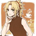  1girl alternate_costume aruti bare_shoulders blonde_hair braid brown_sweater closed_mouth coffee commentary fate/apocrypha fate/grand_order fate_(series) fingernails french_braid green_eyes hair_ornament hair_scrunchie head_rest highres light_smile looking_at_viewer mordred_(fate) parted_bangs ponytail red_nails red_scrunchie ribbed_sweater scrunchie short_hair sidelocks sleeveless sleeveless_sweater solo sweater symbol-only_commentary twitter_username 