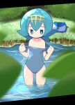  1girl bare_shoulders blue_eyes blue_hair blue_one-piece_swimsuit bright_pupils closed_mouth collarbone flat_chest folded_clothes grass hair_between_eyes hairband hands_up highres lana_(pokemon) legs_apart no_nose one-piece_swimsuit pokemon pokemon_(game) pokemon_sm rascal short_hair smile solo split_mouth standing swimsuit undressing wading water white_pupils yellow_hairband 