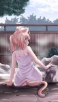  2020 ahoge animal_humanoid blonde_hair butt cat_humanoid day felid felid_humanoid feline feline_humanoid female hair hot_spring humanoid mammal mammal_humanoid outside pigtails rear_view sitting sky solo tonpuu towel towel_only water 