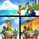  anthro beach beach_chair beach_umbrella bodily_fluids bulge comic cum cum_inside duo ejaculation erection eyes_closed female gasp genital_fluids genitals hi_res kyubimaru male male/female moan one_eye_closed penis pinup pose seaside sunset wink 