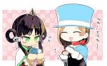  2girls :&lt; :d ace_attorney apollo_justice asayosi_k bell black_hair black_shirt blue_cape blue_headwear border bracelet brown_hair cape character_doll checkered_background chibi closed_eyes dhurke_sahdmadhi earrings facial_mark flying_sweatdrops forehead_mark gloves green_eyes hair_ribbon hair_rings hat jewelry jingle_bell long_hair long_sleeves looking_down low-tied_long_hair marking_on_cheek mochikororin multiple_girls nahyuta_sahdmadhi no_fingers no_nose outline outside_border patting pink_background rayfa_padma_khura&#039;in red_scarf ribbon scarf shirt smile strapless strapless_shirt swept_bangs tiara top_hat trucy_wright upper_body white_border white_cape white_gloves white_outline white_ribbon 